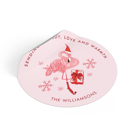 Pink Flamingo Coastal Christmas Waterverf Ronde Sticker