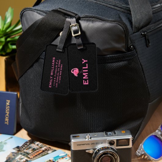 Pink Flamingo Custom text Black Paisley Bagagelabel (Voorkant /achterkant)