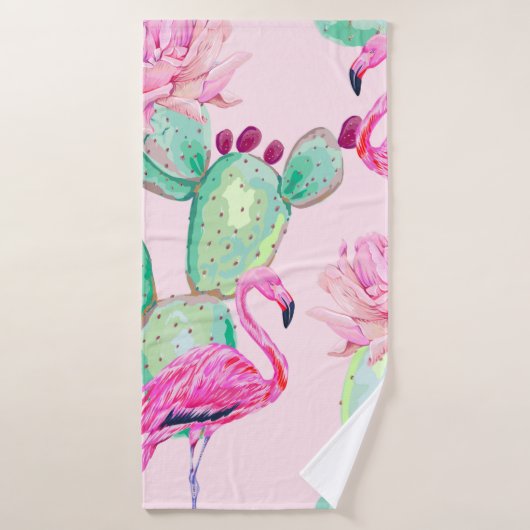 Pink flamingo, exotic birds, gentle flowers, rose, badhanddoek (Badhanddoek)