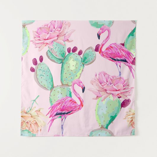 Pink flamingo, exotic birds, gentle flowers, rose, wandkleed (Voorkant)