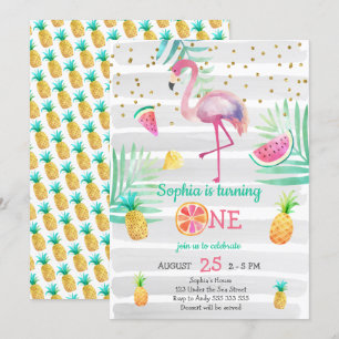 Pink Flamingo Girl First Birthday Tropical Summer Kaart