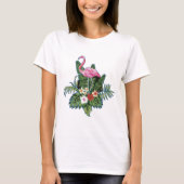 Pink flamingo, hand painted, green leaves, t-shirt (Voorkant)