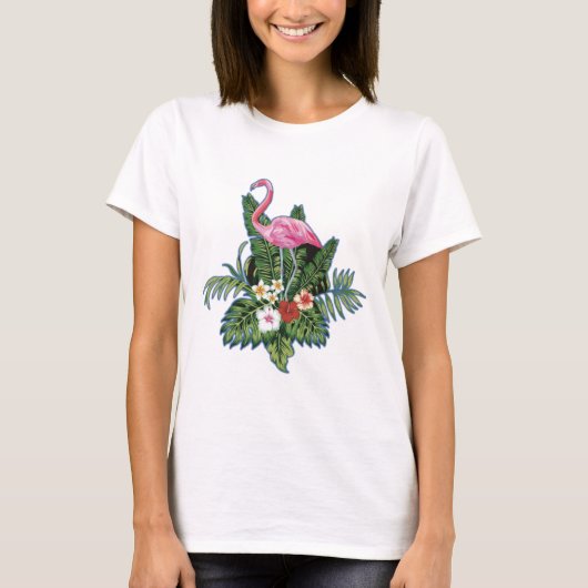 Pink flamingo, hand painted, green leaves, t-shirt (Voorkant)