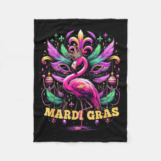 Pink Flamingo Mardi Gras Crown And Beads Mask Carn Fleece Deken