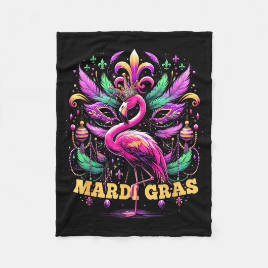 Pink Flamingo Mardi Gras Crown And Beads Mask Carn Fleece Deken (Voorkant)