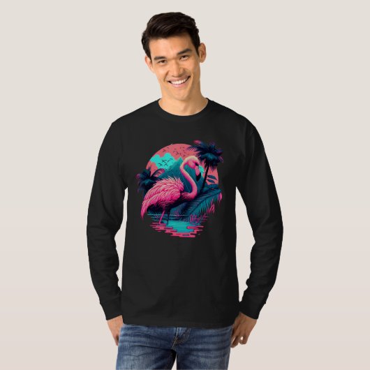 Pink Flamingo Retro Synthwave Pineapple Tropical S T-shirt (Voorkant volledig)