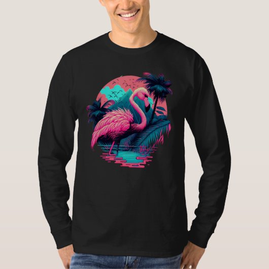 Pink Flamingo Retro Synthwave Pineapple Tropical S T-shirt (Voorkant)