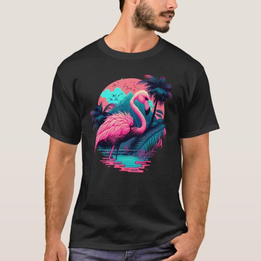 Pink Flamingo Retro Synthwave Pineapple Tropical S T-shirt (Voorkant)