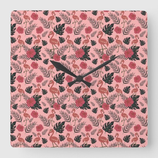 Pink flamingo seamless pattern flowers and leaves vierkante klok (Voorkant)