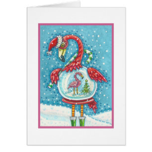 PINK FLAMINGO SNOWGLOBE, CHRISTMAS WENSKAART B