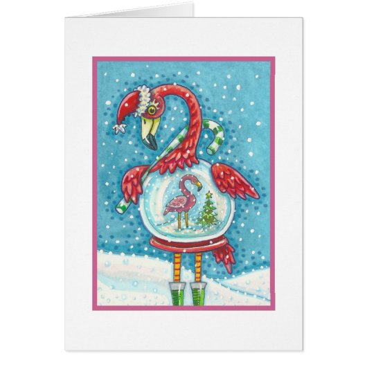 PINK FLAMINGO SNOWGLOBE, CHRISTMAS WENSKAART B (Voorkant)