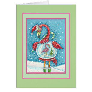 PINK FLAMINGO SNOWGLOBE, CHRISTMAS WENSKAART B