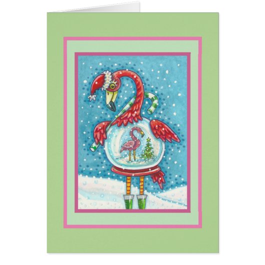 PINK FLAMINGO SNOWGLOBE, CHRISTMAS WENSKAART B (Voorkant)