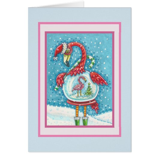 PINK FLAMINGO SNOWGLOBE, CHRISTMAS WENSKAART B (Voorkant)