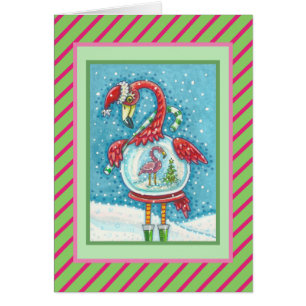 PINK FLAMINGO SNOWGLOBE, CHRISTMAS WENSKAART V