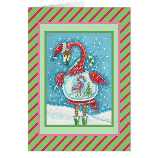 PINK FLAMINGO SNOWGLOBE, CHRISTMAS WENSKAART V (Voorkant)