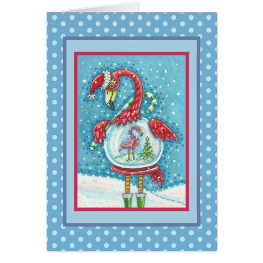 PINK FLAMINGO SNOWGLOBE, CHRISTMAS WENSKAART V (Voorkant)
