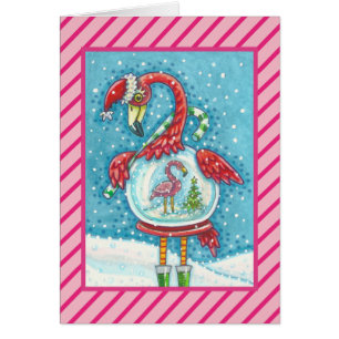 PINK FLAMINGO SNOWGLOBE, CHRISTMAS WENSKAART V