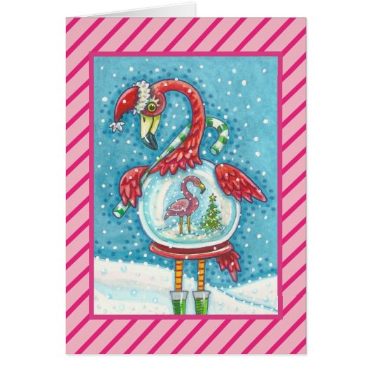 PINK FLAMINGO SNOWGLOBE, CHRISTMAS WENSKAART V (Voorkant)