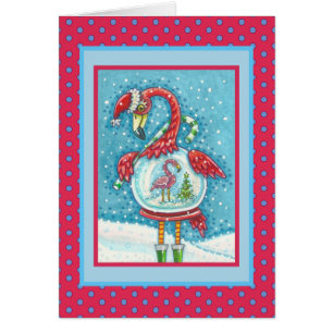 PINK FLAMINGO SNOWGLOBE, CHRISTMAS WENSKAART V