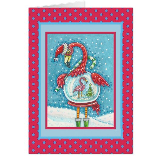 PINK FLAMINGO SNOWGLOBE, CHRISTMAS WENSKAART V (Voorkant)