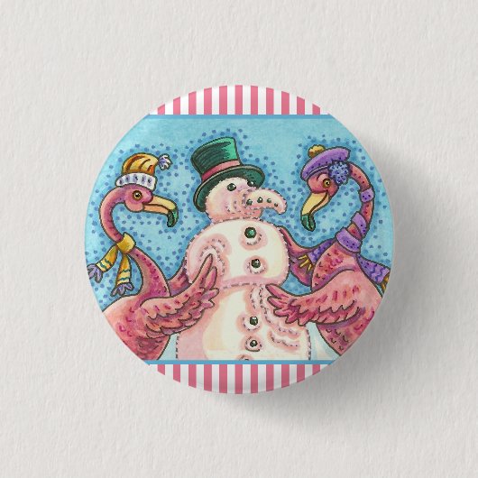 PINK FLAMINGO SNOWMAN CHRISTMAS BUTTON Round (Voorkant)