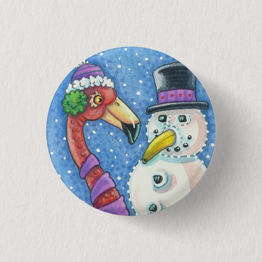 PINK FLAMINGO SNOWMAN CHRISTMAS BUTTON Round (Voorkant)