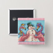 PINK FLAMINGO SNOWMAN CHRISTMAS BUTTON Square (Voorkant /achterkant)