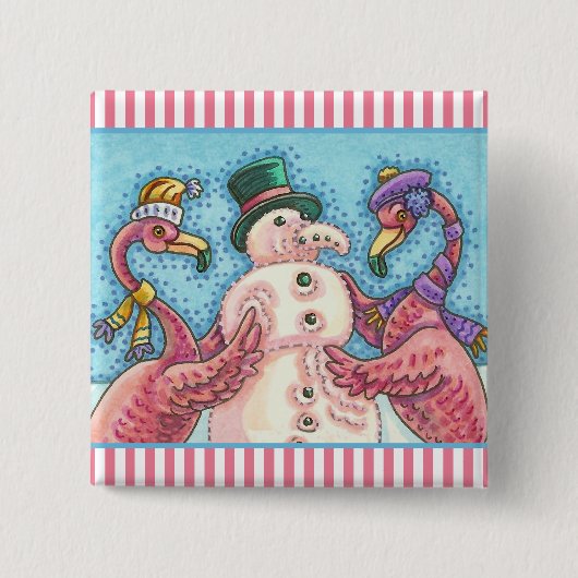 PINK FLAMINGO SNOWMAN CHRISTMAS BUTTON Square (Voorkant)