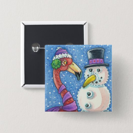 PINK FLAMINGO SNOWMAN CHRISTMAS BUTTON Square (Voorkant /achterkant)