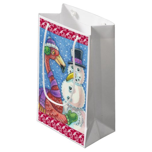 Pink Flamingo Snowman CHRISTMAS GIFT BAG Klein Cadeauzakje (Voorkant Gekanteld)