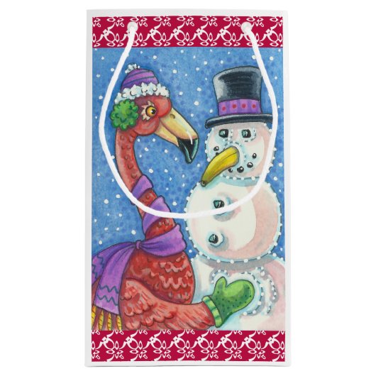 PINK FLAMINGO SNOWMAN CHRISTMAS GIFT BAG Small Klein Cadeauzakje (Achterkant)