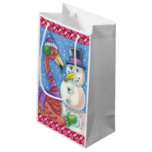 PINK FLAMINGO SNOWMAN CHRISTMAS GIFT BAG Small Klein Cadeauzakje (Achterkant Gekanteld)