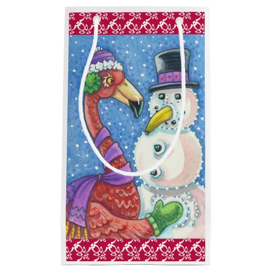 PINK FLAMINGO SNOWMAN CHRISTMAS GIFT BAG Small Klein Cadeauzakje (Voorkant)