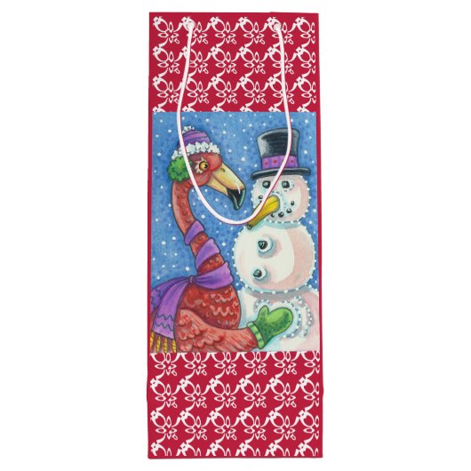 PINK FLAMINGO SNOWMAN CHRISTMAS GIFT BAG - WIJN CADEAUTAS (Achterkant)