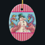 PINK FLAMINGO SNOWMAN, CHRISTMAS HOLIDAY ORNAMENT<br><div class="desc">FLAMINGOS MAKEN PINK SNOWMEN.  CHRISTMAS ORNAMENT FOR FLAMINGO LOVERS. Ovaal,  roze strepen * Aanpassen ... .Zoek overeenkomende              itemsSusan Brack-ontwerp</div>