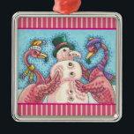 PINK FLAMINGO SNOWMAN, CHRISTMAS HOLIDAY ORNAMENT<br><div class="desc">FLAMINGOS MAKEN PINK SNOWMEN. CHRISTMAS ORNAMENT FOR FLAMINGO LOVERS. Vierkant metaal,  roze strepen * Aanpassen ... .Zoek naar overeenkomende items Susan Brack Design</div>