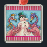 PINK FLAMINGO SNOWMAN, CHRISTMAS HOLIDAY ORNAMENT<br><div class="desc">FLAMINGOS MAKEN PINK SNOWMEN. CHRISTMAS ORNAMENT FOR FLAMINGO LOVERS. Vierkant metaal,  roze strepen * Aanpassen ... .Zoek naar overeenkomende items Susan Brack Design</div>