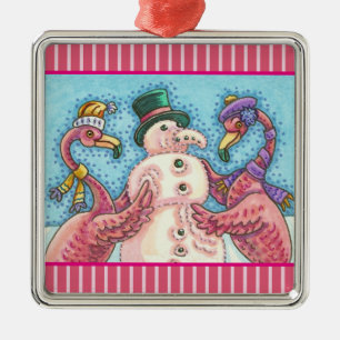 PINK FLAMINGO SNOWMAN, CHRISTMAS HOLIDAY ORNAMENT