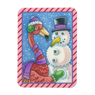 PINK FLAMINGO SNOWMAN CHRISTMAS MAGNET Rectangle Magneet