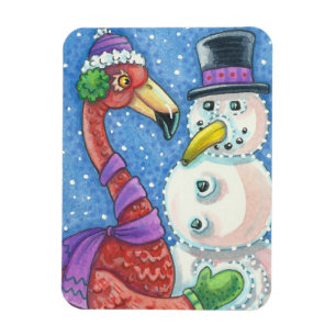 PINK FLAMINGO SNOWMAN CHRISTMAS MAGNET Rectangle Magneet