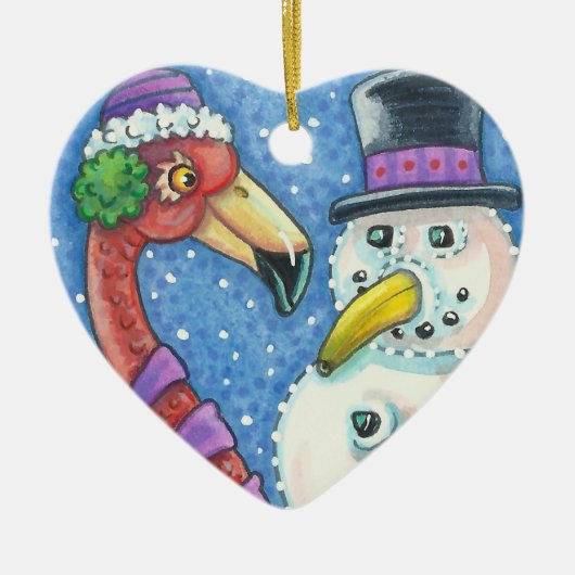 PINK FLAMINGO SNOWMAN CHRISTMAS ORNAMENT Heart (Voorkant)