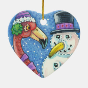 PINK FLAMINGO SNOWMAN CHRISTMAS ORNAMENT Heart