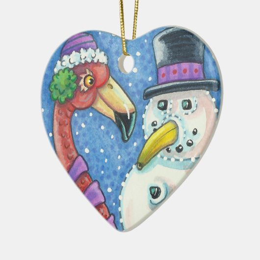 PINK FLAMINGO SNOWMAN CHRISTMAS ORNAMENT Heart (Links)