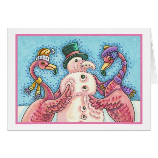 PINK FLAMINGO SNOWMAN, CHRISTMAS WENSKAART B (Voorkant Horizontaal)