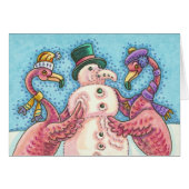PINK FLAMINGO SNOWMAN, CHRISTMAS WENSKAART B (Voorkant Horizontaal)