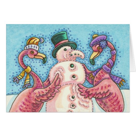 PINK FLAMINGO SNOWMAN, CHRISTMAS WENSKAART B (Voorkant Horizontaal)