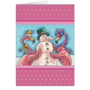 PINK FLAMINGO SNOWMAN, CHRISTMAS WENSKAART V