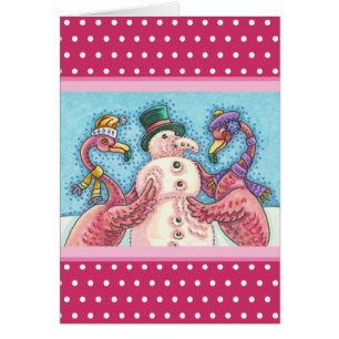 PINK FLAMINGO SNOWMAN, CHRISTMAS WENSKAART V