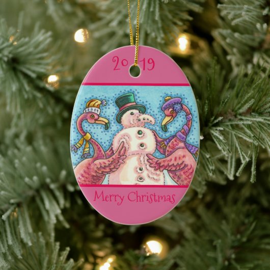 PINK FLAMINGO SNOWMAN, FUNNY CHRISTMAS BIRDS 2019 KERAMISCH ORNAMENT (Boom)